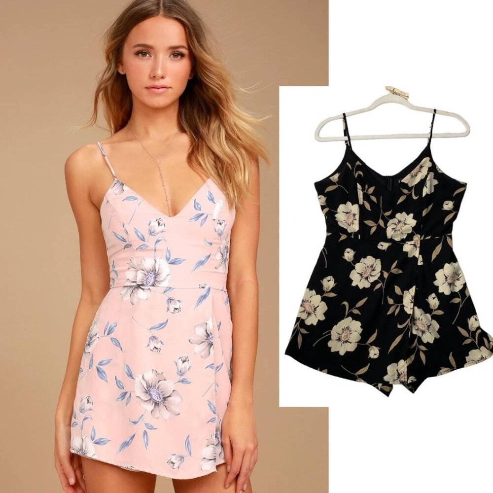 Lulus Magical Meadow Black Floral Print Mini Skort Dress Romper Small Boho Chic‎